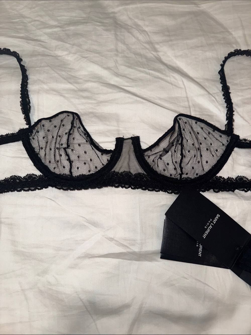 Saint Laurent Black Sheer Dotted Lace Bra